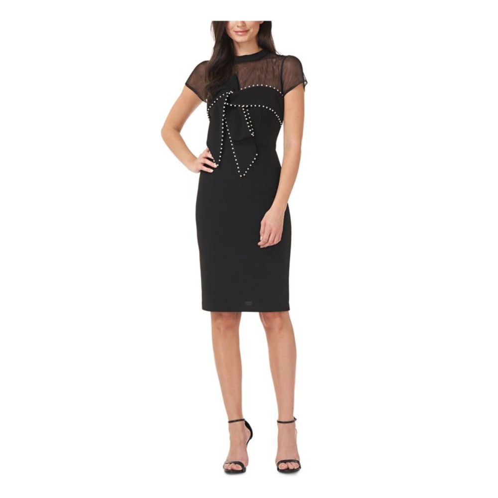 JS COLLECTION Womens Black Illusion Yoke Bow Short Sleeve Sheath Dress 10